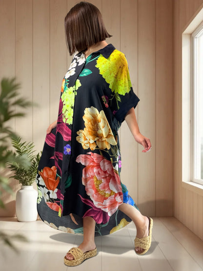 ELIXIR - ROBE OVERSIZE MARINE A FLEUR JUSQU'A LA TAILLE 54/56