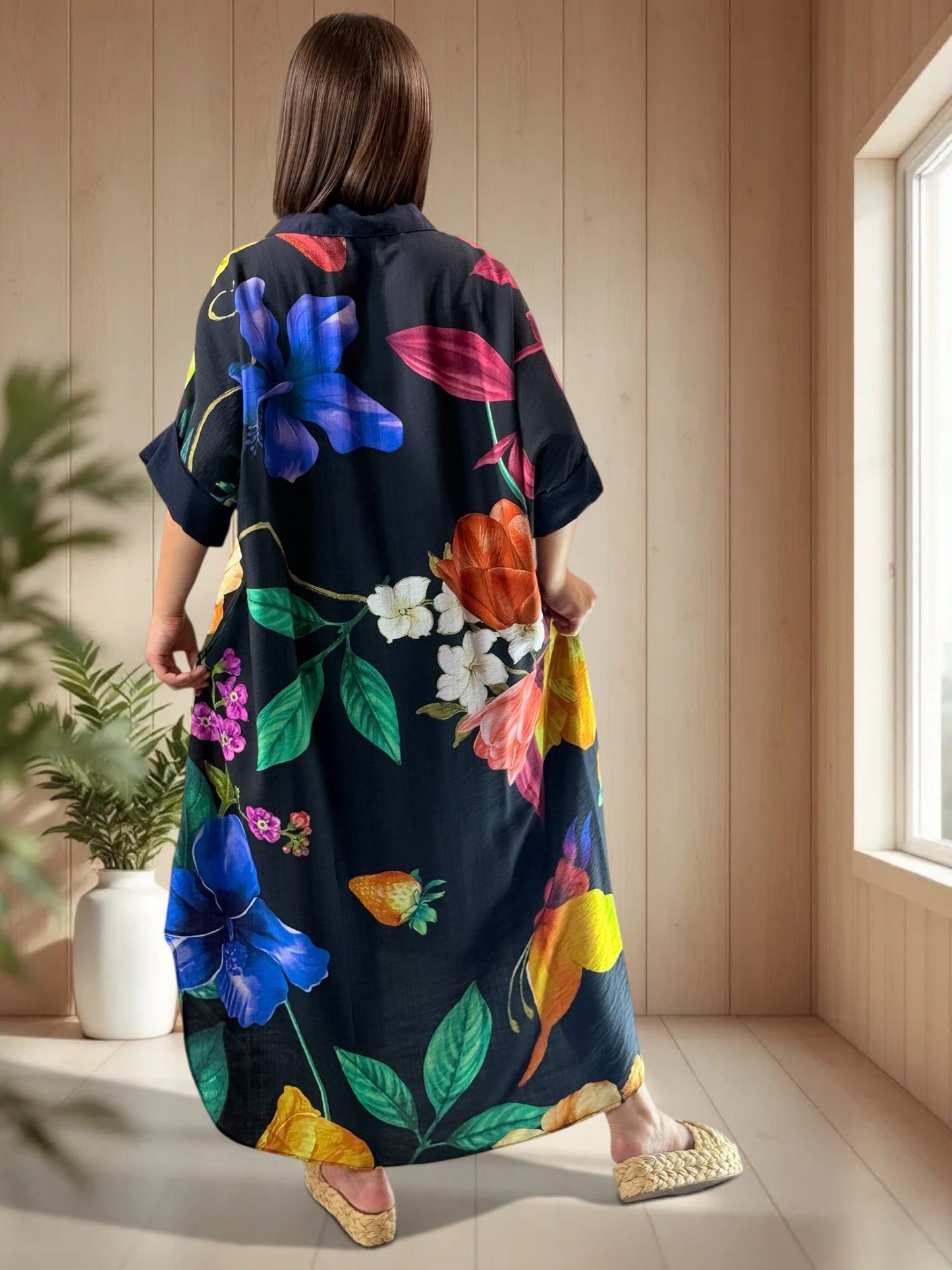 ELIXIR - ROBE OVERSIZE MARINE A FLEUR JUSQU'A LA TAILLE 54/56