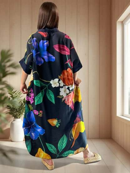 ELIXIR - ROBE OVERSIZE MARINE A FLEUR JUSQU'A LA TAILLE 54/56