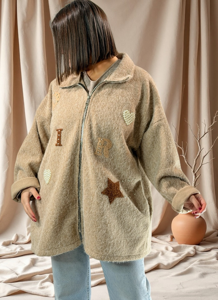 LARA - VESTE OVERSIZE BEIGE EFFET LAINE BOUILLIE JUSQU'A LA TAILLE 52