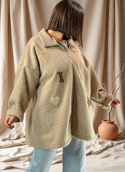 LARA - VESTE OVERSIZE BEIGE EFFET LAINE BOUILLIE JUSQU'A LA TAILLE 52