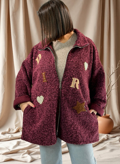 LARA - VESTE OVERSIZE BORDEAUX EFFET LAINE BOUILLIE JUSQU'A LA TAILLE 52