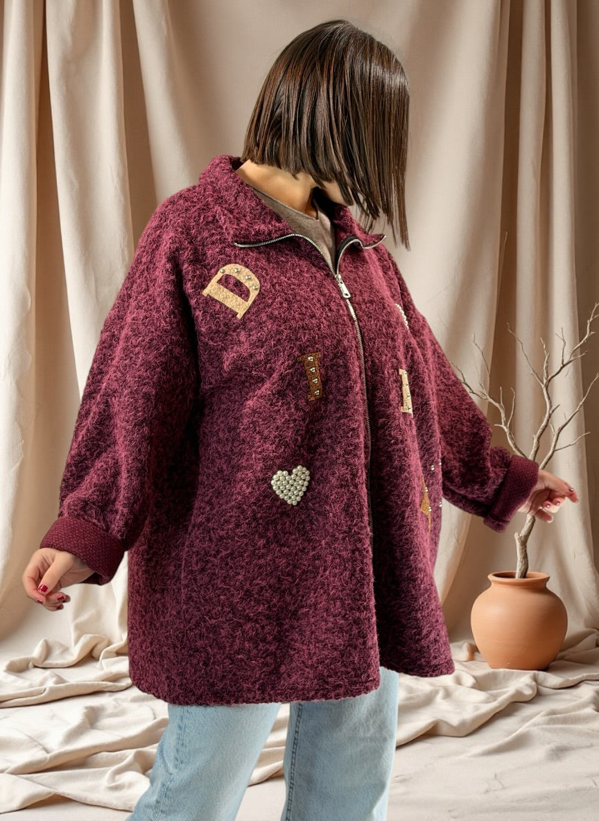 LARA - VESTE OVERSIZE BORDEAUX EFFET LAINE BOUILLIE JUSQU'A LA TAILLE 52