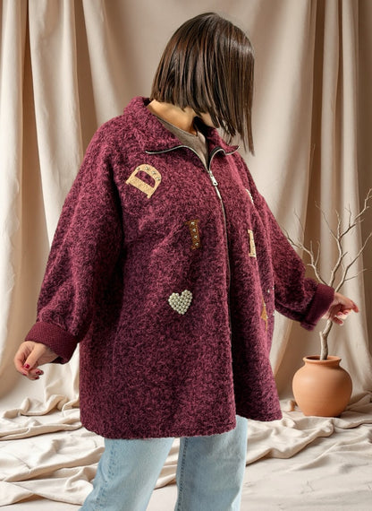 LARA - VESTE OVERSIZE BORDEAUX EFFET LAINE BOUILLIE JUSQU'A LA TAILLE 52