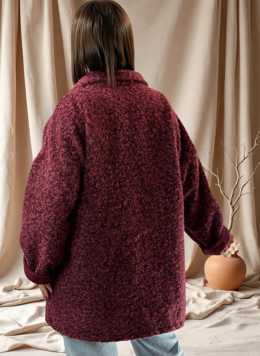 LARA - VESTE OVERSIZE BORDEAUX EFFET LAINE BOUILLIE JUSQU'A LA TAILLE 52