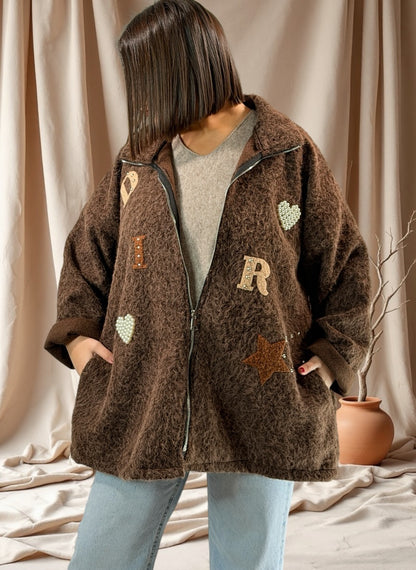 LARA - VESTE OVERSIZE MARRON EFFET LAINE BOUILLIE JUSQU'A LA TAILLE 52