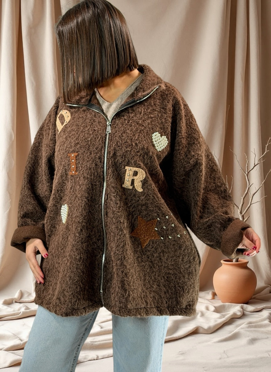 LARA - VESTE OVERSIZE MARRON EFFET LAINE BOUILLIE JUSQU'A LA TAILLE 52