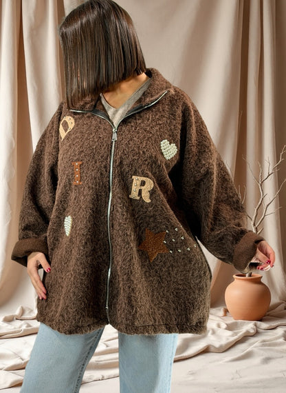 LARA - VESTE OVERSIZE MARRON EFFET LAINE BOUILLIE JUSQU'A LA TAILLE 52