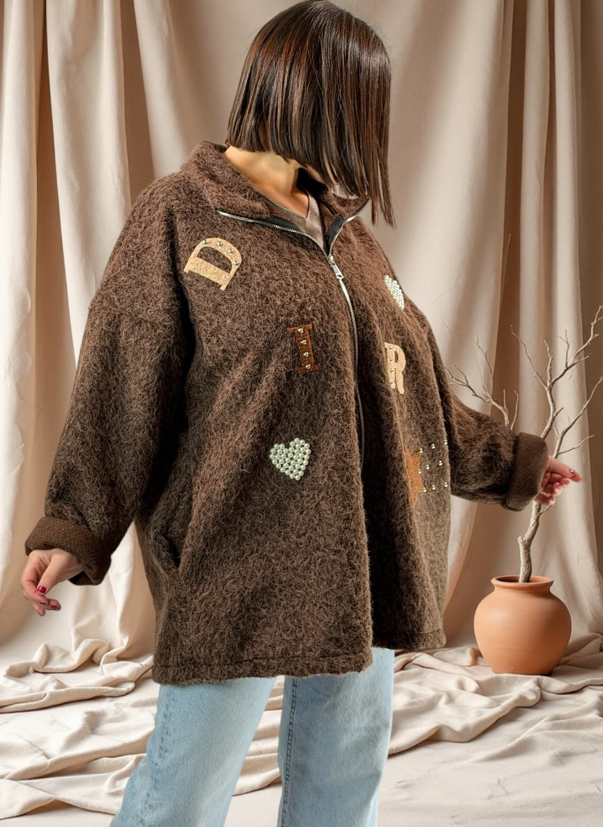 LARA - VESTE OVERSIZE MARRON EFFET LAINE BOUILLIE JUSQU'A LA TAILLE 52