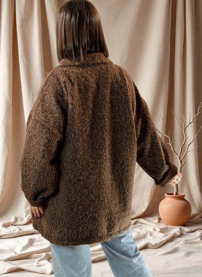 LARA - VESTE OVERSIZE MARRON EFFET LAINE BOUILLIE JUSQU'A LA TAILLE 52