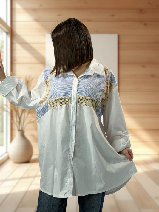 MARGOT - CHEMISE OVERSIZE BLANCHE AVEC GUIPURE JUSQU'A LA TAILLE 56