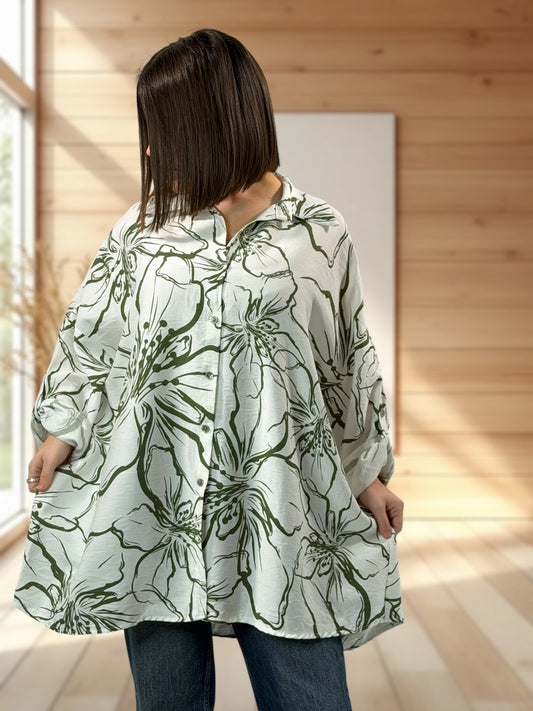LILOU - CHEMISE OVERSIZE MOTIF KAKI JUSQU'A LA TAILLE 50/52