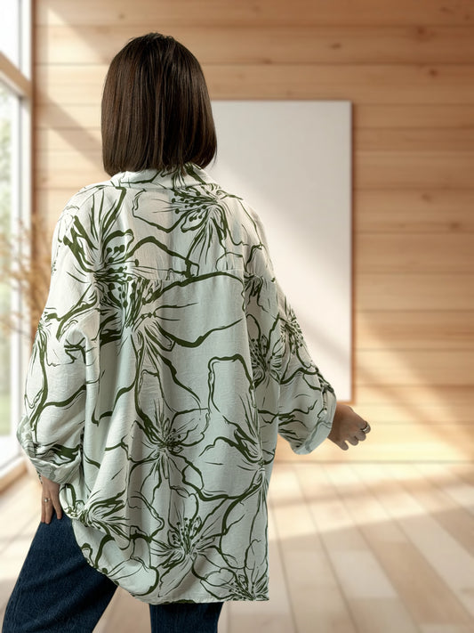 LILOU - CHEMISE OVERSIZE MOTIF KAKI JUSQU'A LA TAILLE 50/52