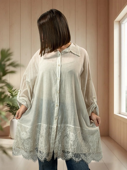 FANNY - CHEMISE OVERSIZE BEIGE AVEC DENTELLE JUSQU'A LA TAILLE 54