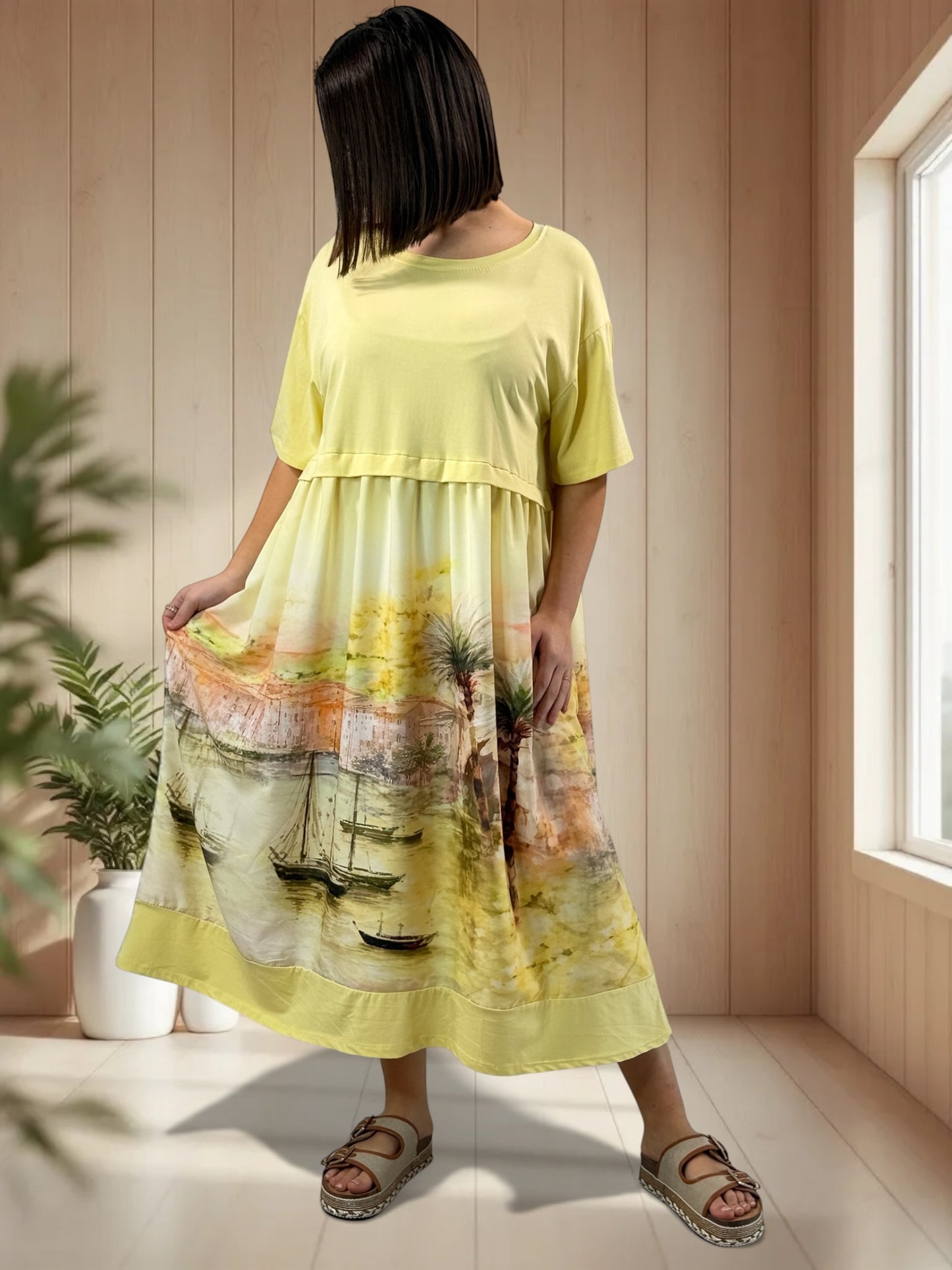MONACO - ROBE JAUNE A MOTIF JUSQU'A LA TAILLE 48/50