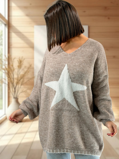ROSALIA - PULL OVERSIZE TAUPE MOTIF ETOILE JUSQU'A LA TAILLE 54