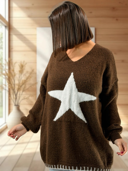 ROSALIA - PULL OVERSIZE MARRON MOTIF ETOILE JUSQU'A LA TAILLE 54