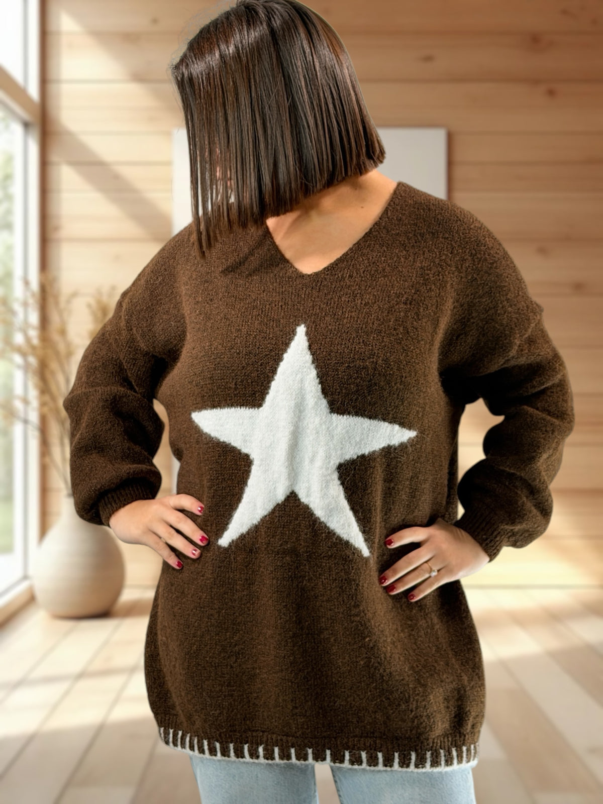 ROSALIA - PULL OVERSIZE MARRON MOTIF ETOILE JUSQU'A LA TAILLE 54