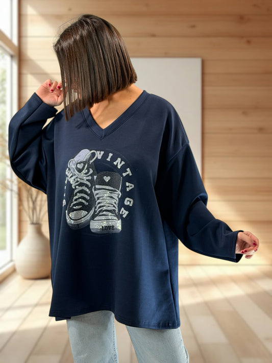 ZAZA - TOP OVERSIZE MARINE MOTIF BASKET AVEC STRASS JUSQU'A LA TAILLE 54/56
