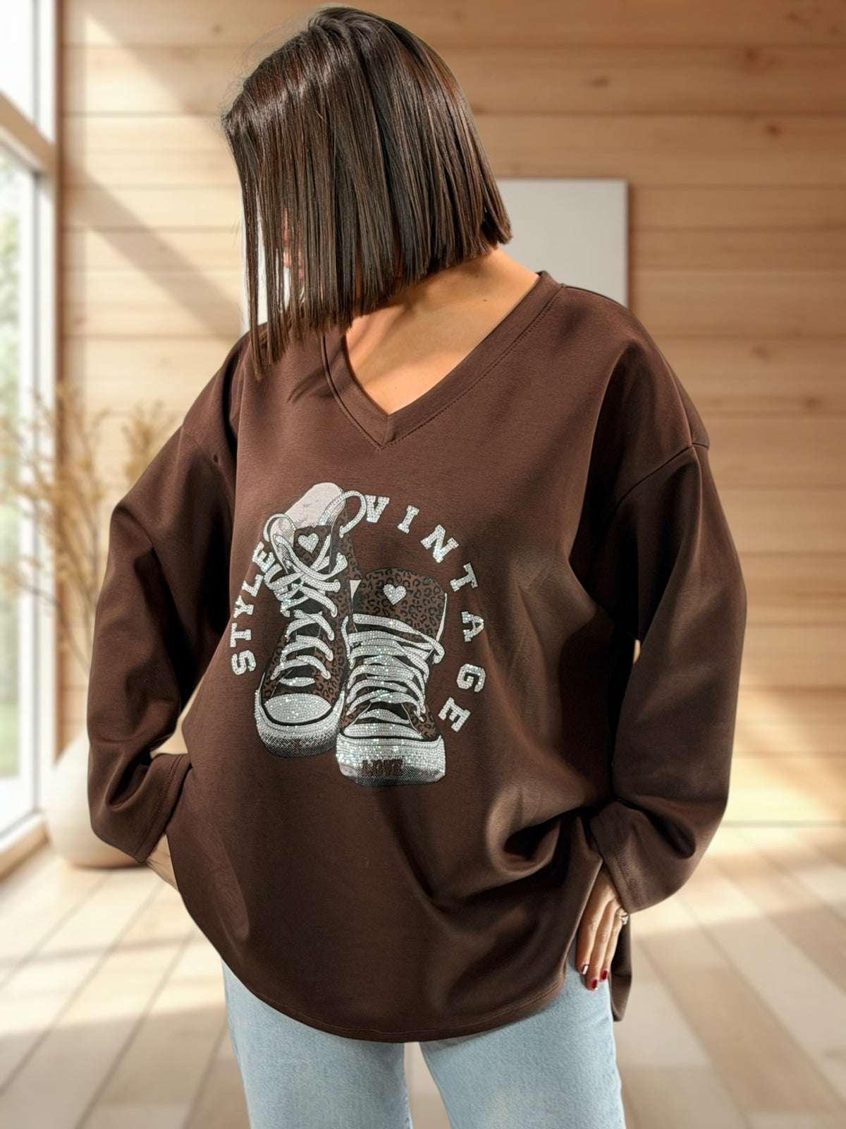 ZAZA - TOP OVERSIZE MARRON MOTIF BASKET AVEC STRASS JUSQU'A LA TAILLE 54/56