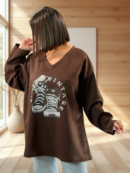 ZAZA - TOP OVERSIZE MARRON MOTIF BASKET AVEC STRASS JUSQU'A LA TAILLE 54/56