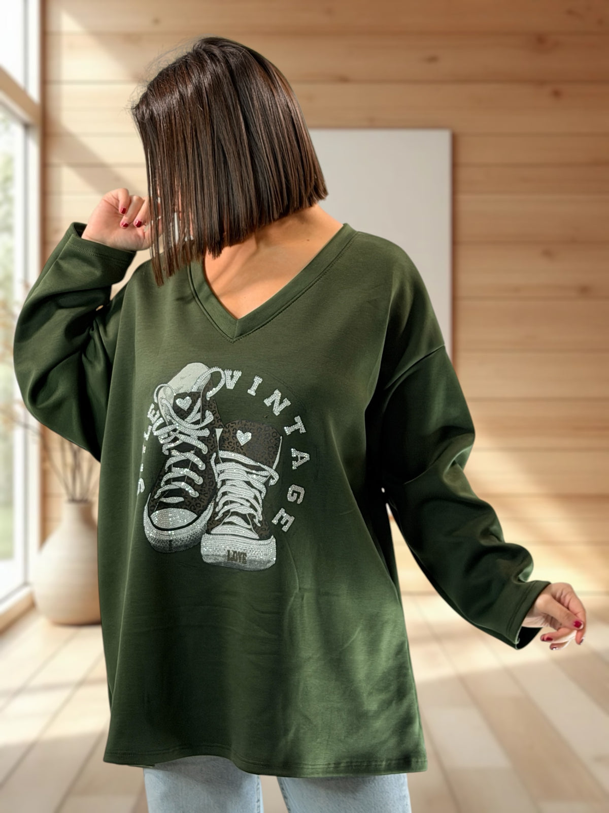 ZAZA - TOP OVERSIZE KAKI MOTIF BASKET JUSQU'A LA TAILLE 54/56