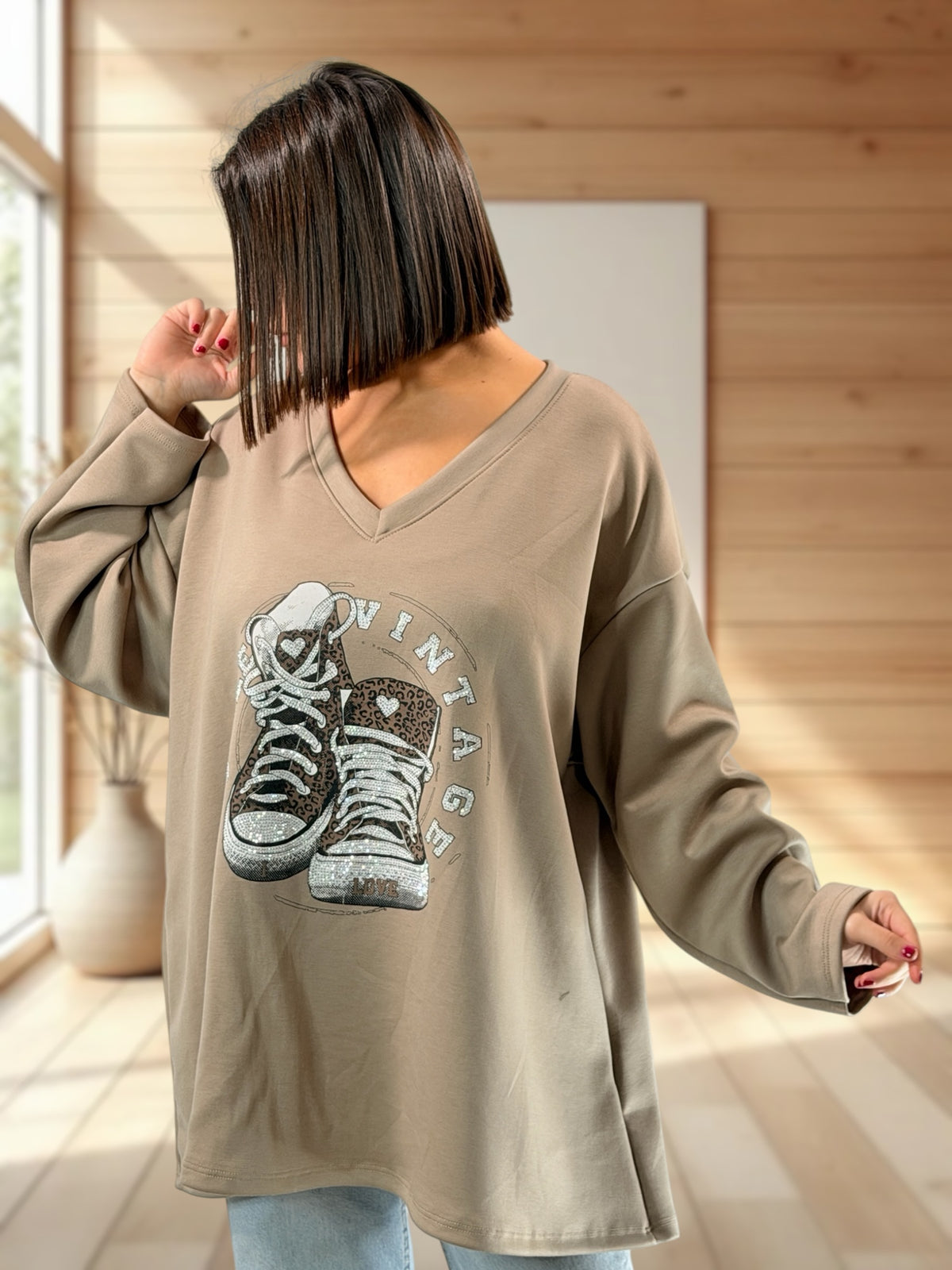 ZAZA - TOP OVERSIZE BEIGE MOTIF BASKET JUSQU'A LA TAILLE 54/56