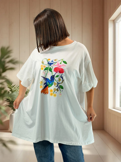 ERIKO - T-SHIRT OVERSIZE BLANC MOTIF COLIBRI TAILLE 46/48 A 56