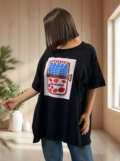 ERIKO - T-SHIRT OVERSIZE NOIR MOTIF SARDINE TAILLE 46/48 A 56