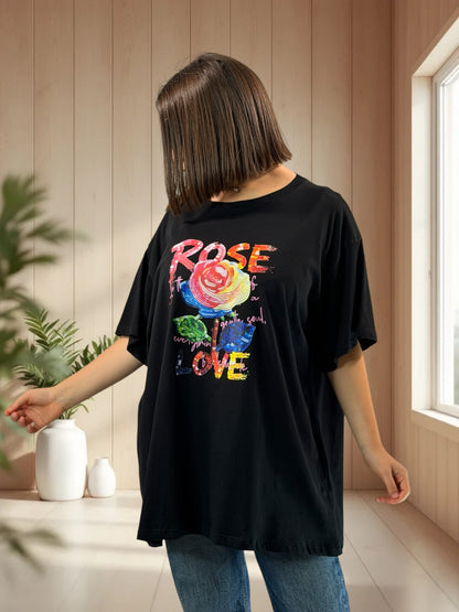 ERIKO - T-SHIRT OVERSIZE NOIR MOTIF ROSE TAILLE 46/48 A 56