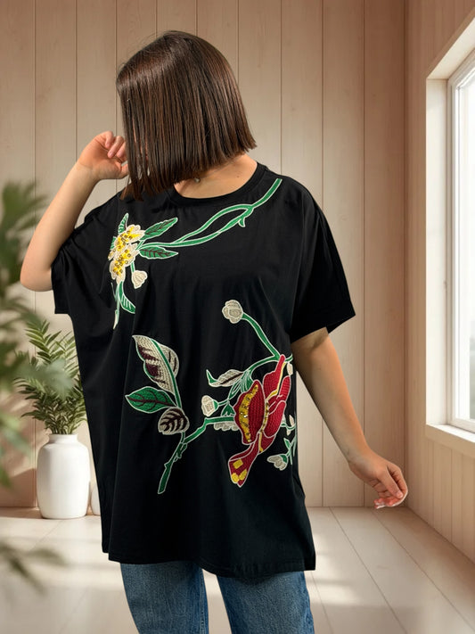 AMBROSIA - T-SHIRT OVERSIZE NOIR A MOTIF TAILLE 46/48 A 56