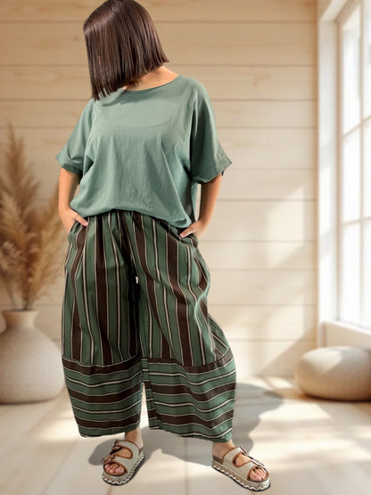 LEON - PANTALON A RAYURE KAKI JUSQU'A LA TAILLE 52