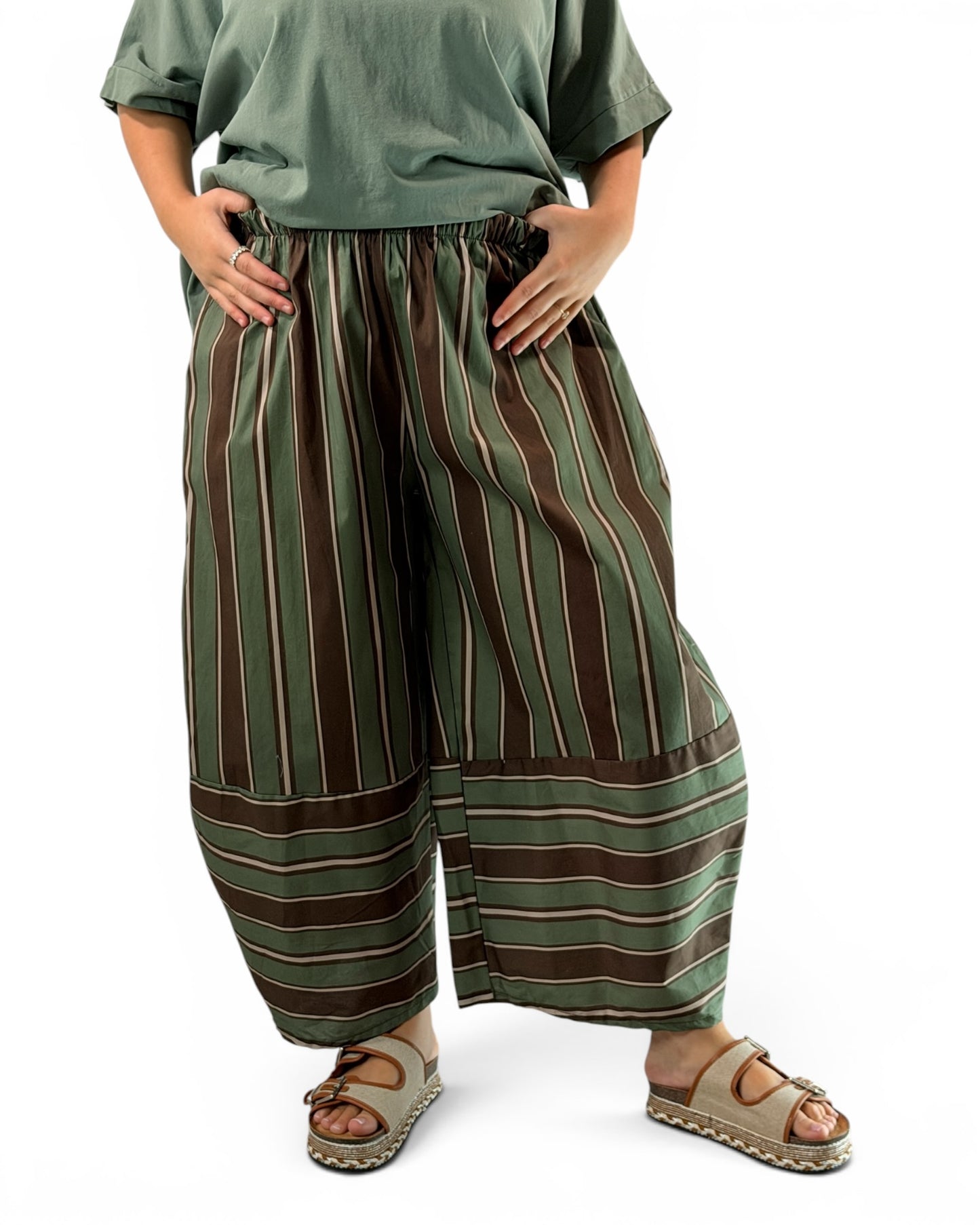 LEON - PANTALON A RAYURE KAKI JUSQU'A LA TAILLE 52