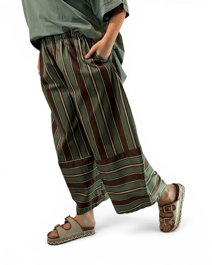 LEON - PANTALON A RAYURE KAKI JUSQU'A LA TAILLE 52