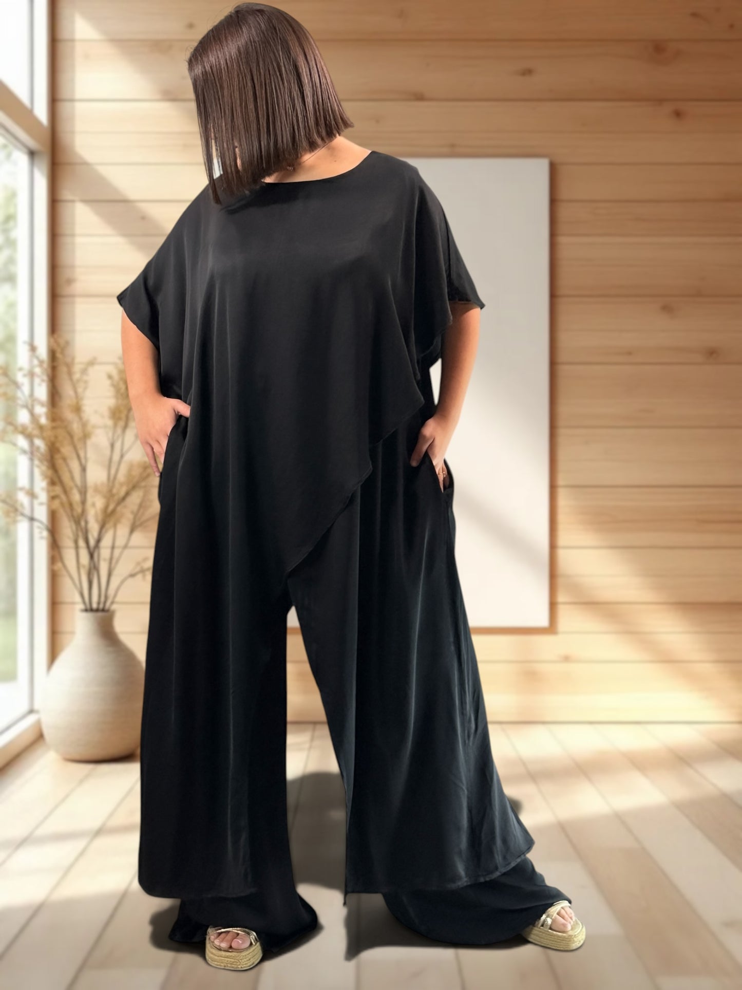 VITTORIO  - ENSEMBLE TUNIQUE ET PANTALON NOIR JUSQU'A LA TAILLE 50