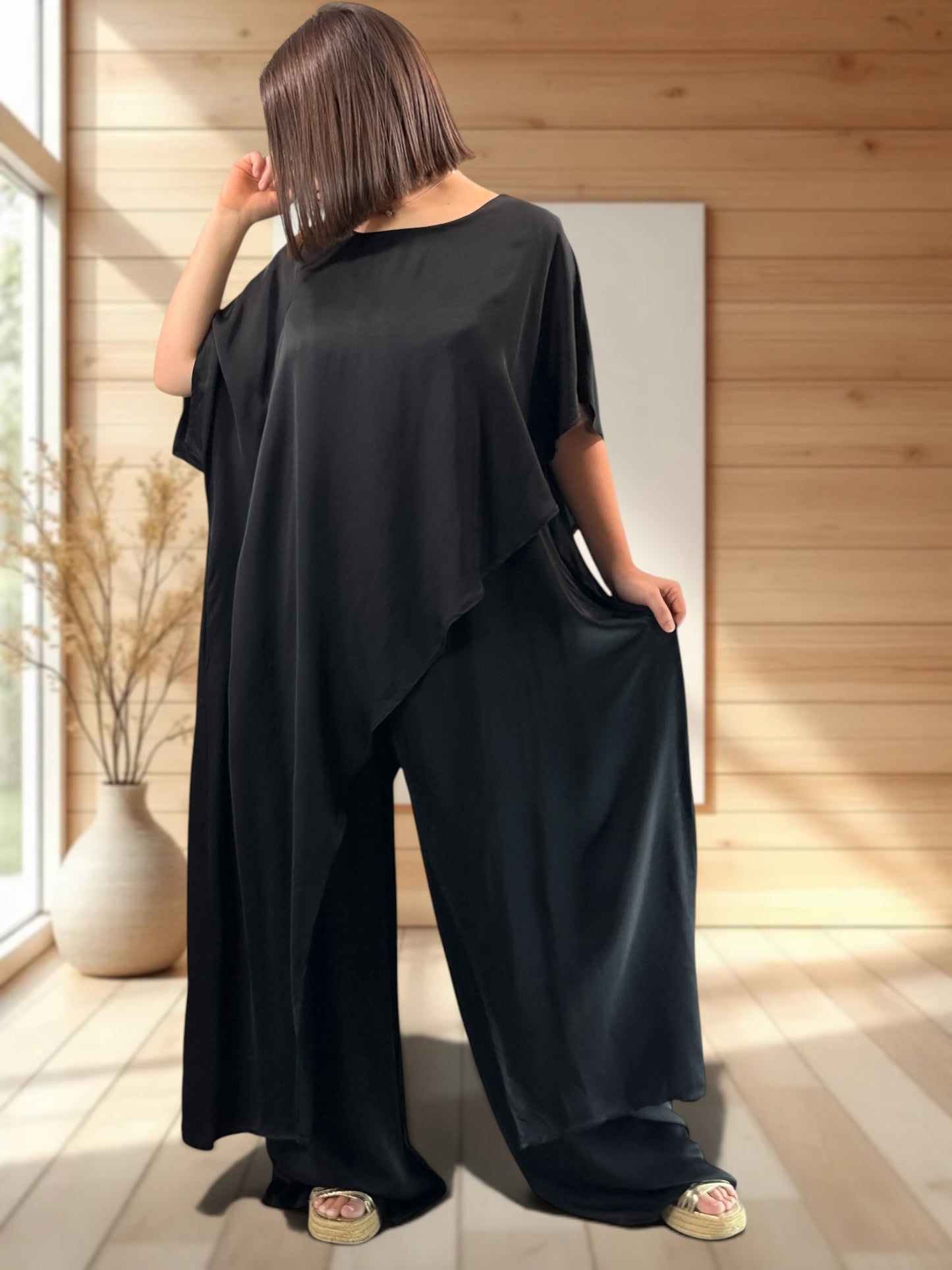 VITTORIO  - ENSEMBLE TUNIQUE ET PANTALON NOIR JUSQU'A LA TAILLE 50