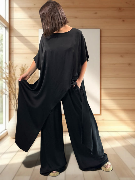 VITTORIO  - ENSEMBLE TUNIQUE ET PANTALON NOIR JUSQU'A LA TAILLE 50