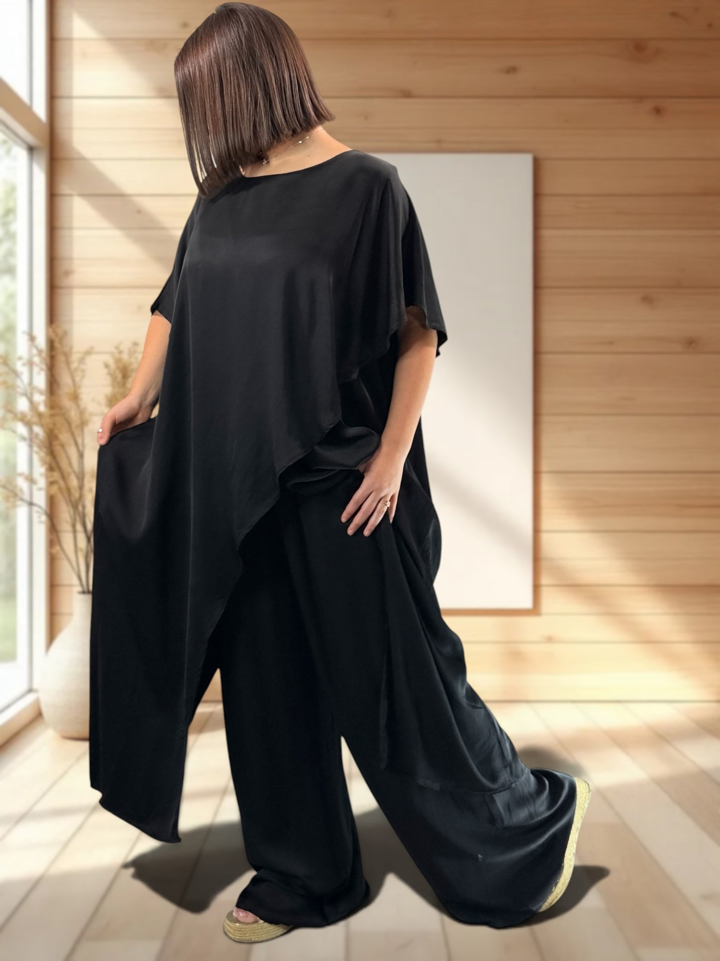 VITTORIO  - ENSEMBLE TUNIQUE ET PANTALON NOIR JUSQU'A LA TAILLE 50