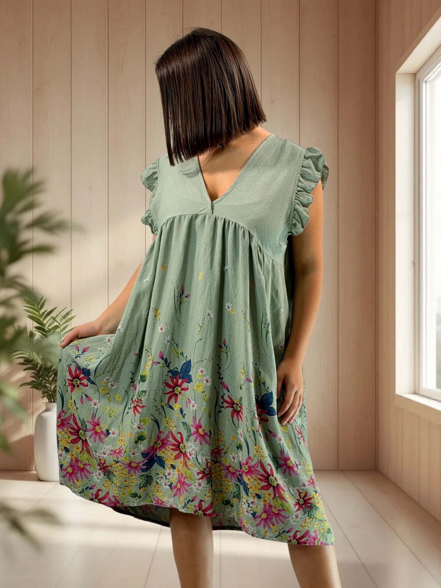 OLYMPE - ROBE KAKI A FLEUR JUSQU'A LA TAILLE 50