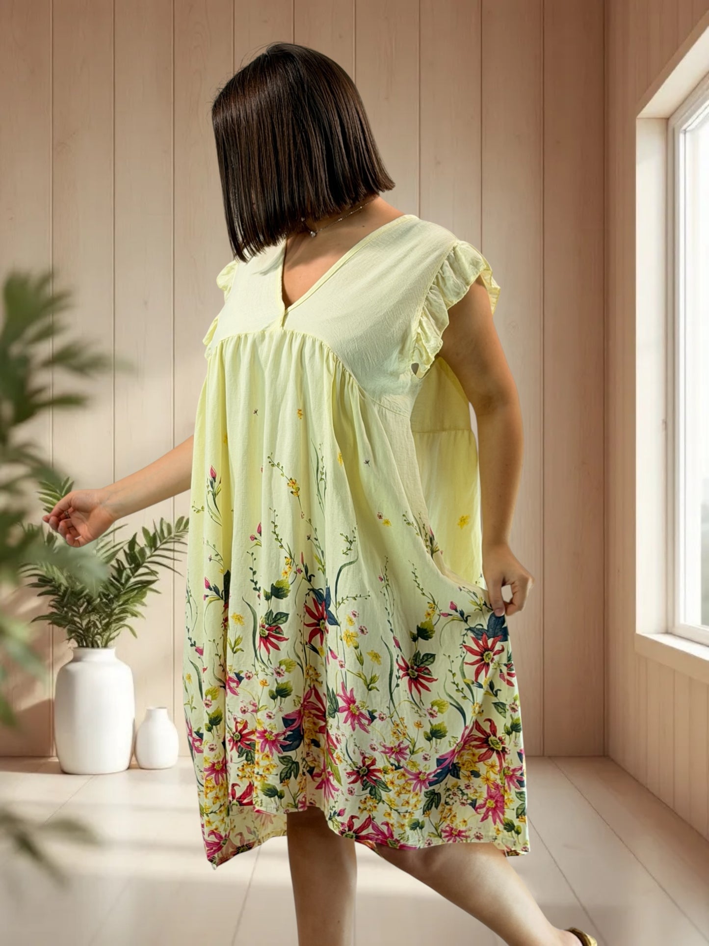 OLYMPE - ROBE JAUNE A FLEUR JUSQU'A LA TAILLE 50