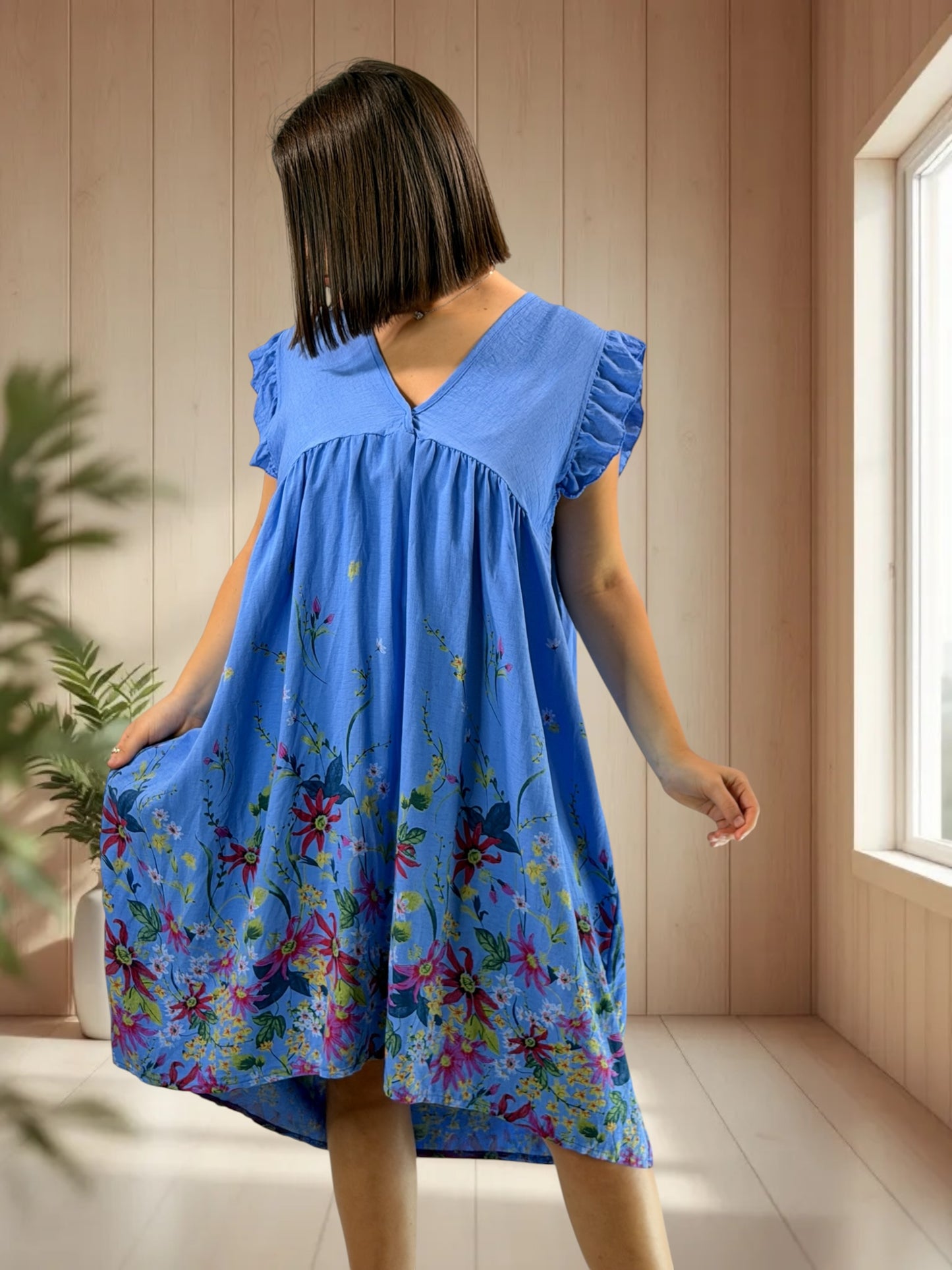 OLYMPE - ROBE BLEUE A FLEUR JUSQU'A LA TAILLE 50