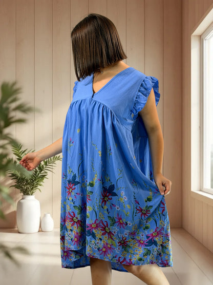 OLYMPE - ROBE BLEUE A FLEUR JUSQU'A LA TAILLE 50