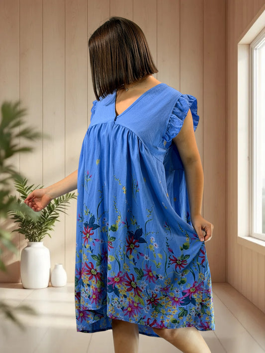 OLYMPE - ROBE BLEUE A FLEUR JUSQU'A LA TAILLE 50