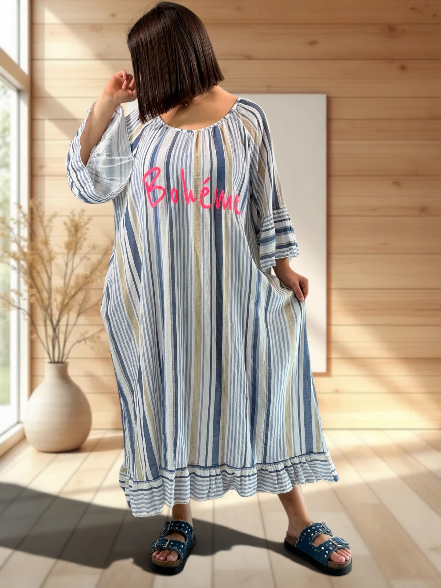 FRANCESCA - ROBE A RAYURE BLEU CIEL JUSQU'A LA TAILLE 56
