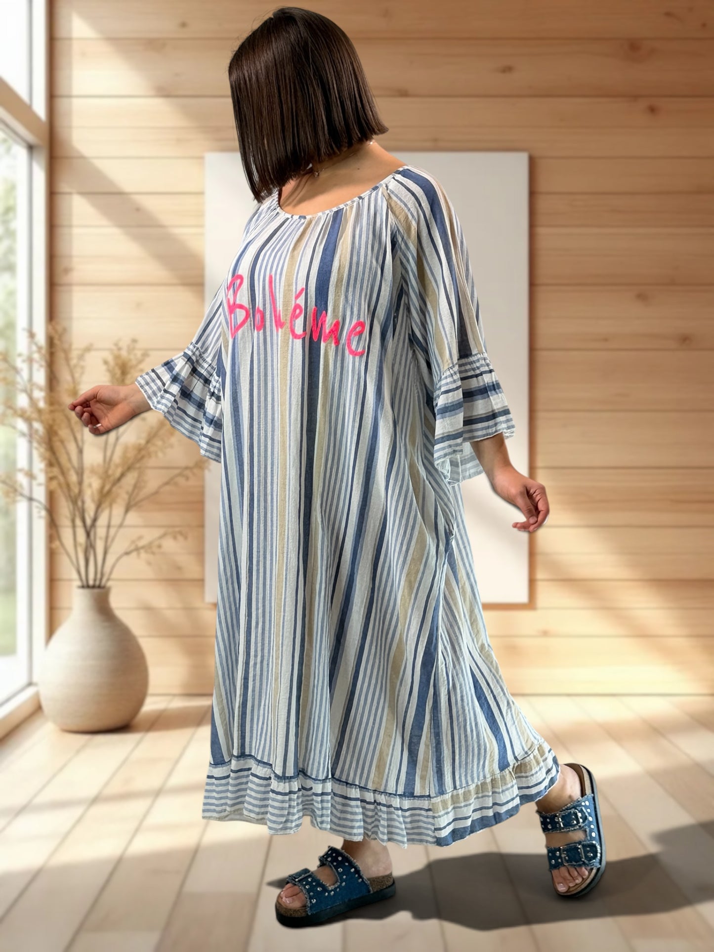 FRANCESCA - ROBE A RAYURE BLEU CIEL JUSQU'A LA TAILLE 56