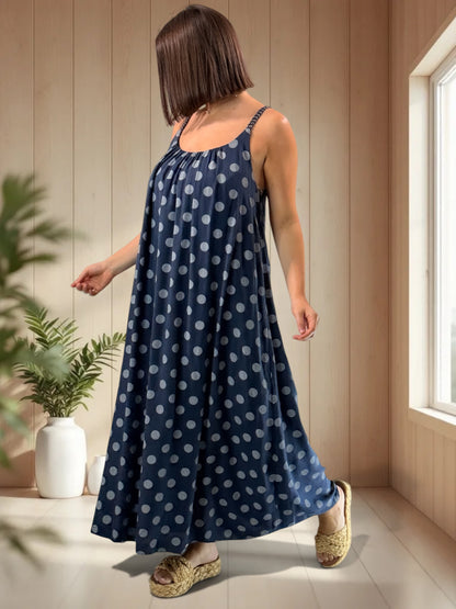 CLAUDIE - ROBE LONGUE MARINE A POIS JUSQU'A LA TAILLE 52