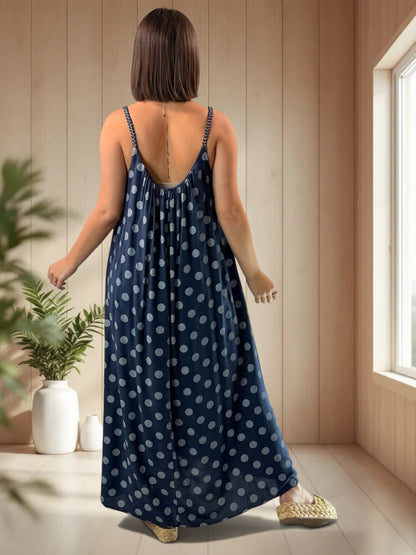 CLAUDIE - ROBE LONGUE MARINE A POIS JUSQU'A LA TAILLE 52