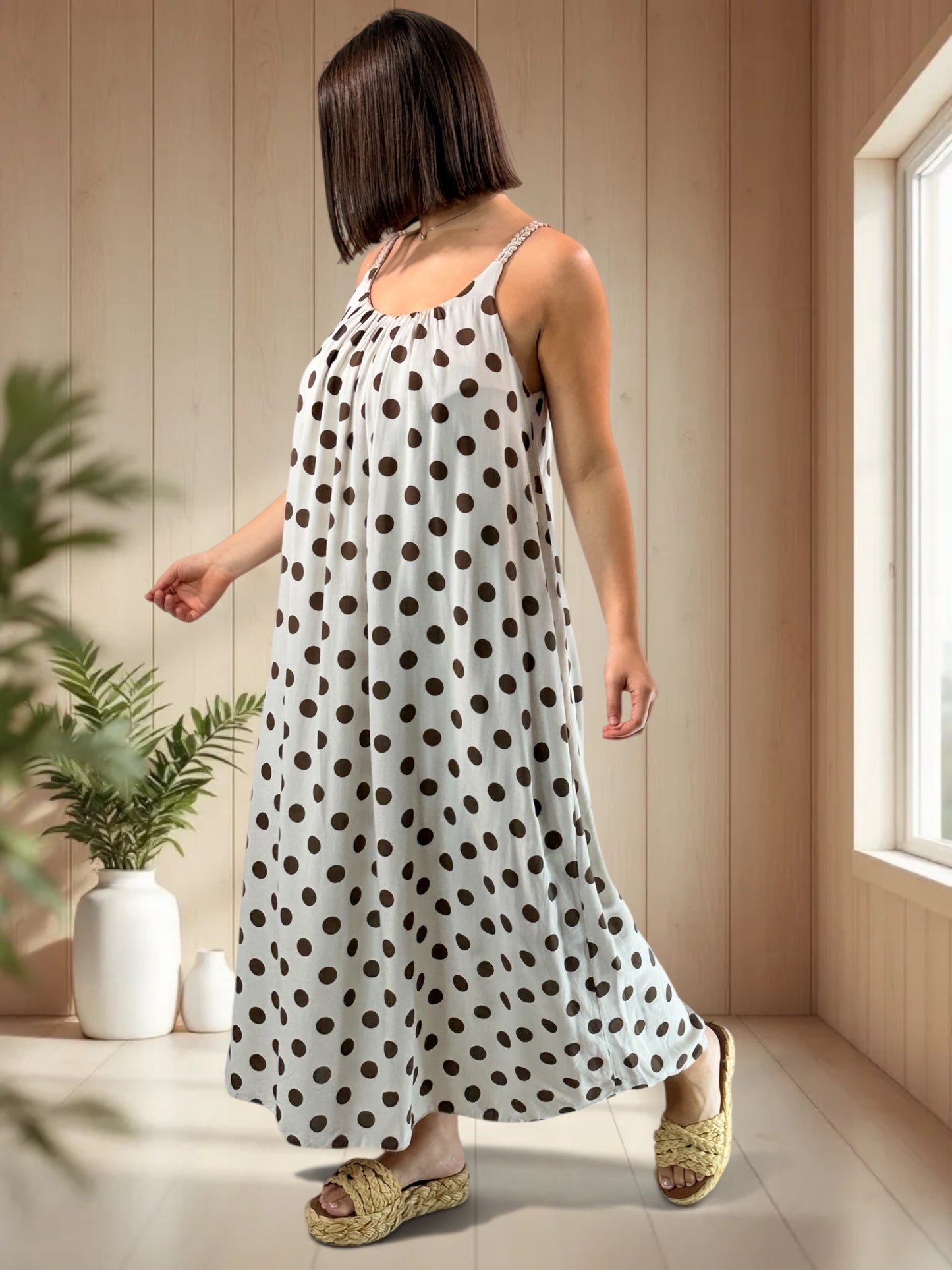 CLAUDIE - ROBE LONGUE BEIGE A POIS JUSQU'A LA TAILLE 52