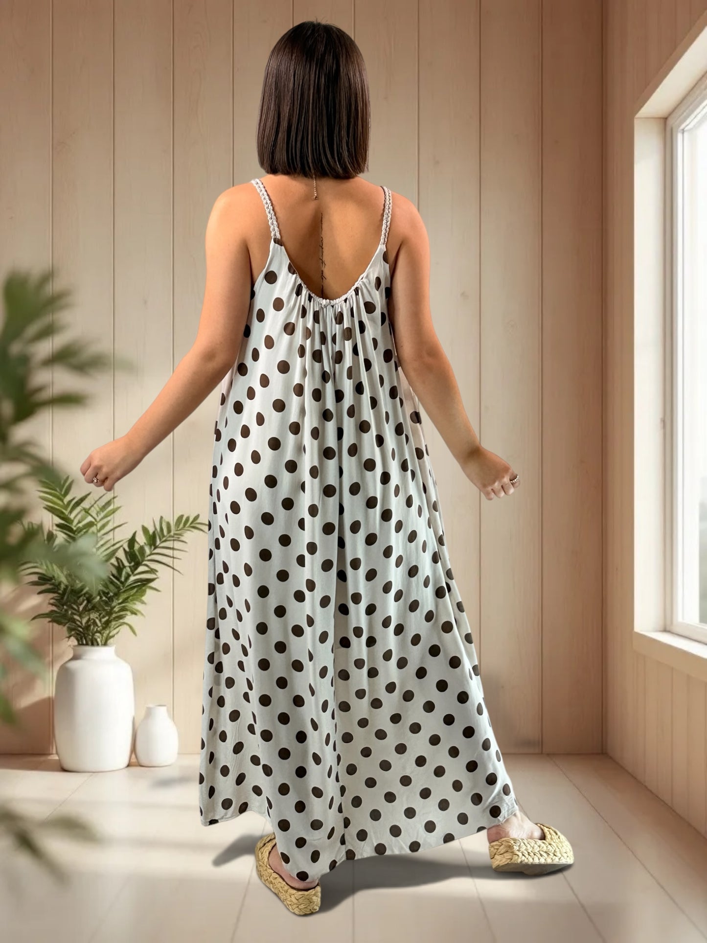 CLAUDIE - ROBE LONGUE BEIGE A POIS JUSQU'A LA TAILLE 52
