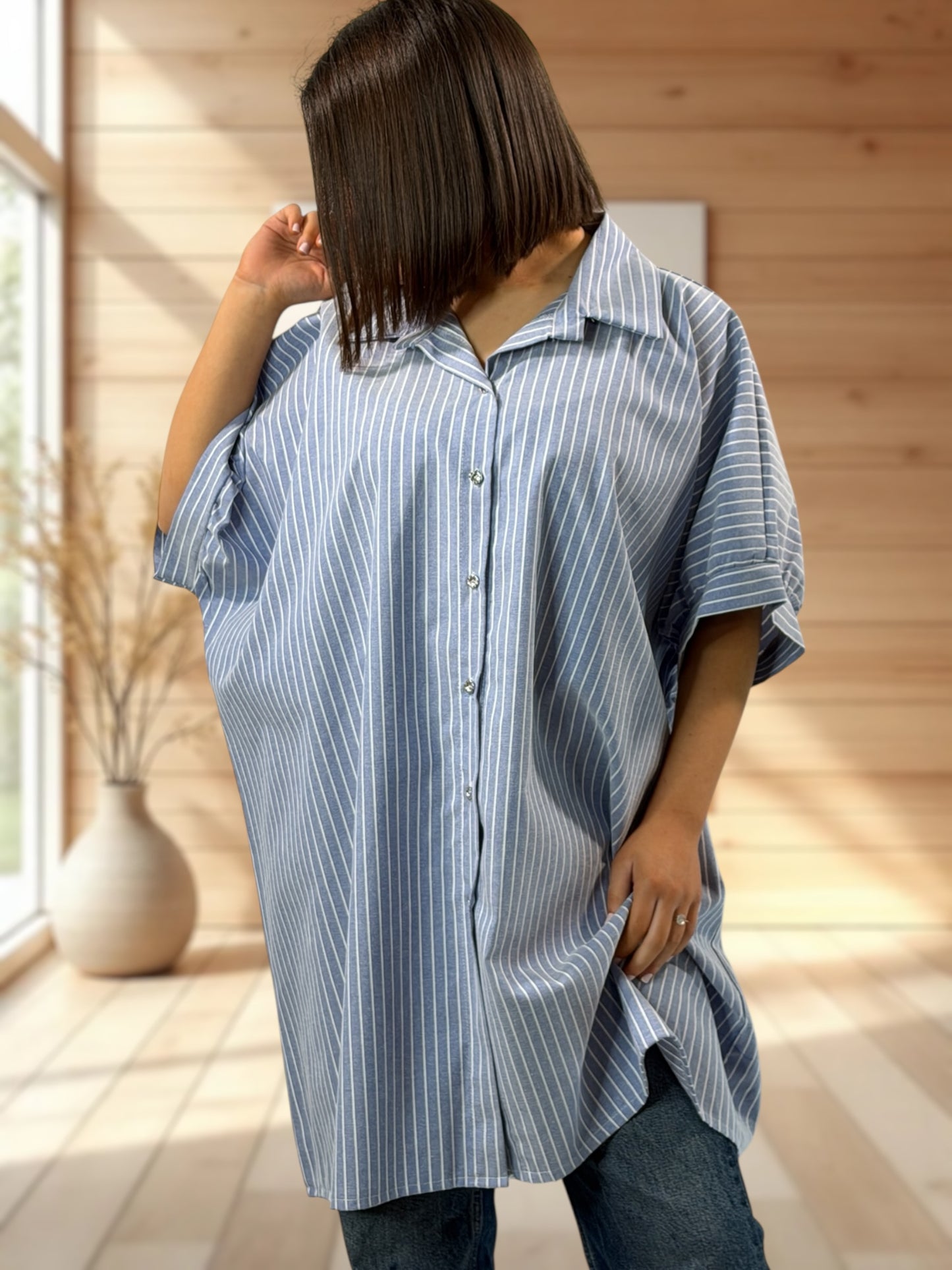 VIRGINIA  - TUNIQUE OVERSIZE BLEUE A RAYURE JUSQU'A LA TAILLE 60
